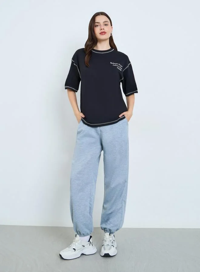 Styli Black Embroidered Oversized T-Shirt with Contrast Stitching